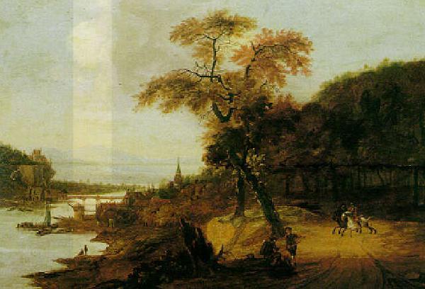 Jacob van der Does Landscape along a river with horsemen, possibly the Rhine. oil painting picture